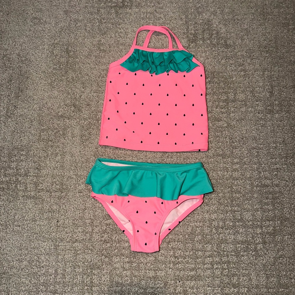 Carter's Girls 12M Pink Watermelon Ruffle Tank Bikini Swim Set 2 Piece